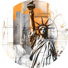 Lade das Bild in den Galerie-Viewer, Aluminiumbild gebürstet Freiheitsstatue vor moderner Stadt Kreis