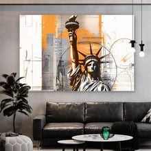 Lade das Bild in den Galerie-Viewer, Leinwandbild Freiheitsstatue vor moderner Stadt Querformat
