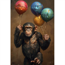 Lade das Bild in den Galerie-Viewer, Leinwandbild Fröhlicher Schimpanse mit bunten Ballons Hochformat