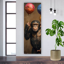 Lade das Bild in den Galerie-Viewer, Leinwandbild Fröhlicher Schimpanse mit bunten Ballons Panorama Hoch