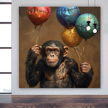 Lade das Bild in den Galerie-Viewer, Spannrahmenbild Fröhlicher Schimpanse mit bunten Ballons Quadrat