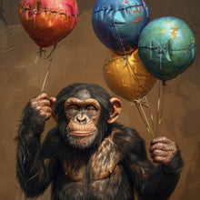 Lade das Bild in den Galerie-Viewer, Aluminiumbild Fröhlicher Schimpanse mit bunten Ballons Quadrat