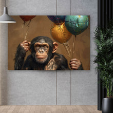 Lade das Bild in den Galerie-Viewer, Spannrahmenbild Fröhlicher Schimpanse mit bunten Ballons Querformat