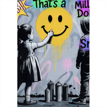 Lade das Bild in den Galerie-Viewer, Acrylglasbild Fröhliches Graffiti mit lachendem Gesicht und Kindern Hochformat
