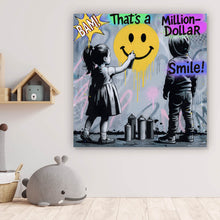 Lade das Bild in den Galerie-Viewer, Aluminiumbild Fröhliches Graffiti mit lachendem Gesicht und Kindern Quadrat