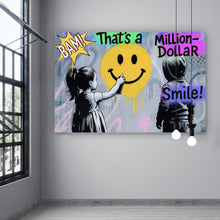 Lade das Bild in den Galerie-Viewer, Aluminiumbild Fröhliches Graffiti mit lachendem Gesicht und Kindern Querformat