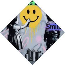Lade das Bild in den Galerie-Viewer, Acrylglasbild Fröhliches Graffiti mit lachendem Gesicht und Kindern Raute