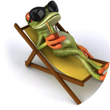 Lade das Bild in den Galerie-Viewer, Aluminiumbild gebürstet Frosch entspannt auf Liegestuhl mit Getränk Kreis