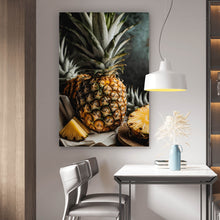Lade das Bild in den Galerie-Viewer, Aluminiumbild gebürstet Fruchtige Ananas auf Leinentuch Hochformat