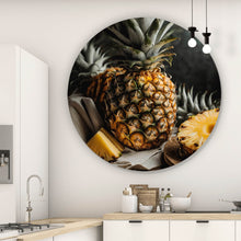 Lade das Bild in den Galerie-Viewer, Aluminiumbild gebürstet Fruchtige Ananas auf Leinentuch Kreis