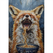 Lade das Bild in den Galerie-Viewer, Acrylglasbild Fuchs genießt lachend eine Schüssel mit Nudeln Hochformat