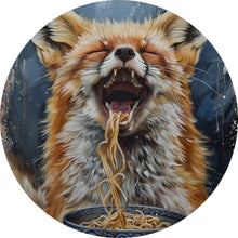 Lade das Bild in den Galerie-Viewer, Aluminiumbild Fuchs genießt lachend eine Schüssel mit Nudeln Kreis