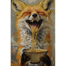 Lade das Bild in den Galerie-Viewer, Poster Fuchs genießt lachend eine Schüssel mit Nudeln No.2 Hochformat