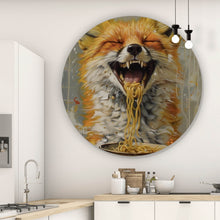 Lade das Bild in den Galerie-Viewer, Aluminiumbild gebürstet Fuchs genießt lachend eine Schüssel mit Nudeln No.2 Kreis