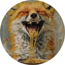 Lade das Bild in den Galerie-Viewer, Aluminiumbild gebürstet Fuchs genießt lachend eine Schüssel mit Nudeln No.2 Kreis