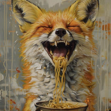 Lade das Bild in den Galerie-Viewer, Acrylglasbild Fuchs genießt lachend eine Schüssel mit Nudeln No.2 Quadrat