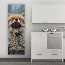 Lade das Bild in den Galerie-Viewer, Acrylglasbild Fuchs genießt lachend eine Schüssel mit Nudeln Panorama Hoch