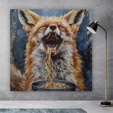 Lade das Bild in den Galerie-Viewer, Acrylglasbild Fuchs genießt lachend eine Schüssel mit Nudeln Quadrat