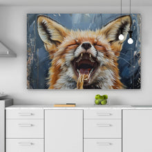 Lade das Bild in den Galerie-Viewer, Leinwandbild Fuchs genießt lachend eine Schüssel mit Nudeln Querformat