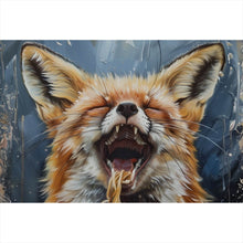 Lade das Bild in den Galerie-Viewer, Aluminiumbild gebürstet Fuchs genießt lachend eine Schüssel mit Nudeln Querformat