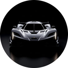 Lade das Bild in den Galerie-Viewer, Aluminiumbild gebürstet Futuristischer Sportwagen in einer dunklen Umgebung Kreis