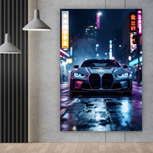 Lade das Bild in den Galerie-Viewer, Aluminiumbild gebürstet Futuristisches Auto bei Nacht in Neonlichtern Hochformat