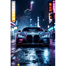 Lade das Bild in den Galerie-Viewer, Spannrahmenbild Futuristisches Auto bei Nacht in Neonlichtern Hochformat