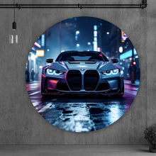 Lade das Bild in den Galerie-Viewer, Aluminiumbild Futuristisches Auto bei Nacht in Neonlichtern Kreis