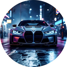 Lade das Bild in den Galerie-Viewer, Aluminiumbild gebürstet Futuristisches Auto bei Nacht in Neonlichtern Kreis