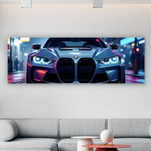 Lade das Bild in den Galerie-Viewer, Aluminiumbild gebürstet Futuristisches Auto bei Nacht in Neonlichtern Panorama