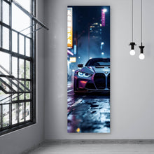 Lade das Bild in den Galerie-Viewer, Aluminiumbild gebürstet Futuristisches Auto bei Nacht in Neonlichtern Panorama Hoch
