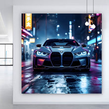Lade das Bild in den Galerie-Viewer, Leinwandbild Futuristisches Auto bei Nacht in Neonlichtern Quadrat