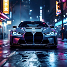 Lade das Bild in den Galerie-Viewer, Acrylglasbild Futuristisches Auto bei Nacht in Neonlichtern Quadrat