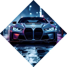 Lade das Bild in den Galerie-Viewer, Aluminiumbild Futuristisches Auto bei Nacht in Neonlichtern Raute