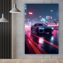Lade das Bild in den Galerie-Viewer, Aluminiumbild Futuristisches Auto fährt bei Nacht durch die Stadt Hochformat