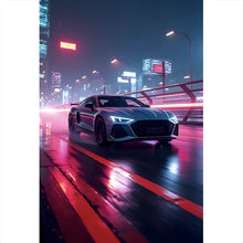Lade das Bild in den Galerie-Viewer, Aluminiumbild gebürstet Futuristisches Auto fährt bei Nacht durch die Stadt Hochformat