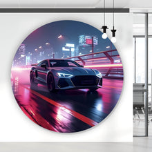 Lade das Bild in den Galerie-Viewer, Aluminiumbild gebürstet Futuristisches Auto fährt bei Nacht durch die Stadt Kreis