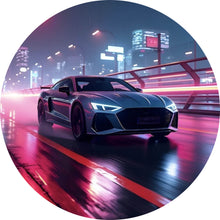 Lade das Bild in den Galerie-Viewer, Aluminiumbild gebürstet Futuristisches Auto fährt bei Nacht durch die Stadt Kreis