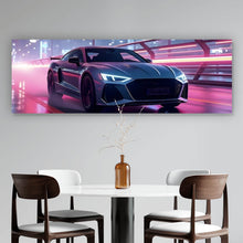Lade das Bild in den Galerie-Viewer, Aluminiumbild gebürstet Futuristisches Auto fährt bei Nacht durch die Stadt Panorama