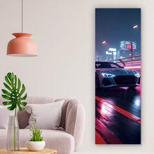 Lade das Bild in den Galerie-Viewer, Leinwandbild Futuristisches Auto fährt bei Nacht durch die Stadt Panorama Hoch