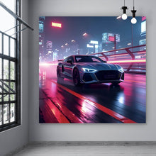 Lade das Bild in den Galerie-Viewer, Aluminiumbild Futuristisches Auto fährt bei Nacht durch die Stadt Quadrat
