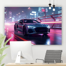 Lade das Bild in den Galerie-Viewer, Acrylglasbild Futuristisches Auto fährt bei Nacht durch die Stadt Querformat