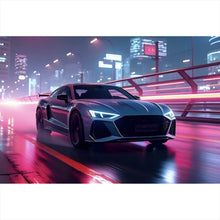 Lade das Bild in den Galerie-Viewer, Poster Futuristisches Auto fährt bei Nacht durch die Stadt Querformat