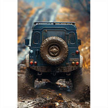 Lade das Bild in den Galerie-Viewer, Spannrahmenbild Geländewagen fährt auf schlammigen Waldweg Hochformat