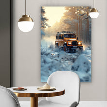 Lade das Bild in den Galerie-Viewer, Spannrahmenbild Geländewagen fährt durch verschneiten Wald Hochformat