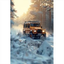 Lade das Bild in den Galerie-Viewer, Aluminiumbild gebürstet Geländewagen fährt durch verschneiten Wald Hochformat