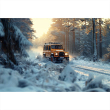 Lade das Bild in den Galerie-Viewer, Aluminiumbild Geländewagen fährt durch verschneiten Wald Querformat