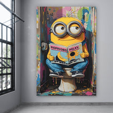 Lade das Bild in den Galerie-Viewer, Aluminiumbild Gelbe Comic Figur liest auf bunter Toilette Zeitung Hochformat
