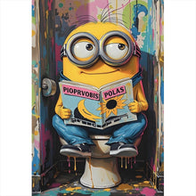 Lade das Bild in den Galerie-Viewer, Aluminiumbild Gelbe Comic Figur liest auf bunter Toilette Zeitung Hochformat