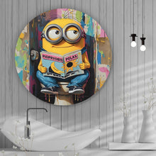 Lade das Bild in den Galerie-Viewer, Aluminiumbild gebürstet Gelbe Comic Figur liest auf bunter Toilette Zeitung Kreis